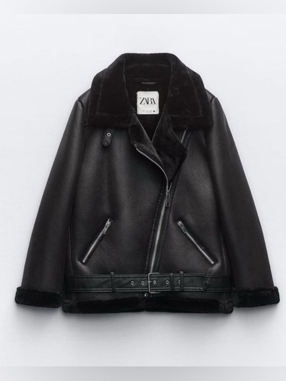 Zara Black Double-Faced Faux Shearling Biker Jacket
